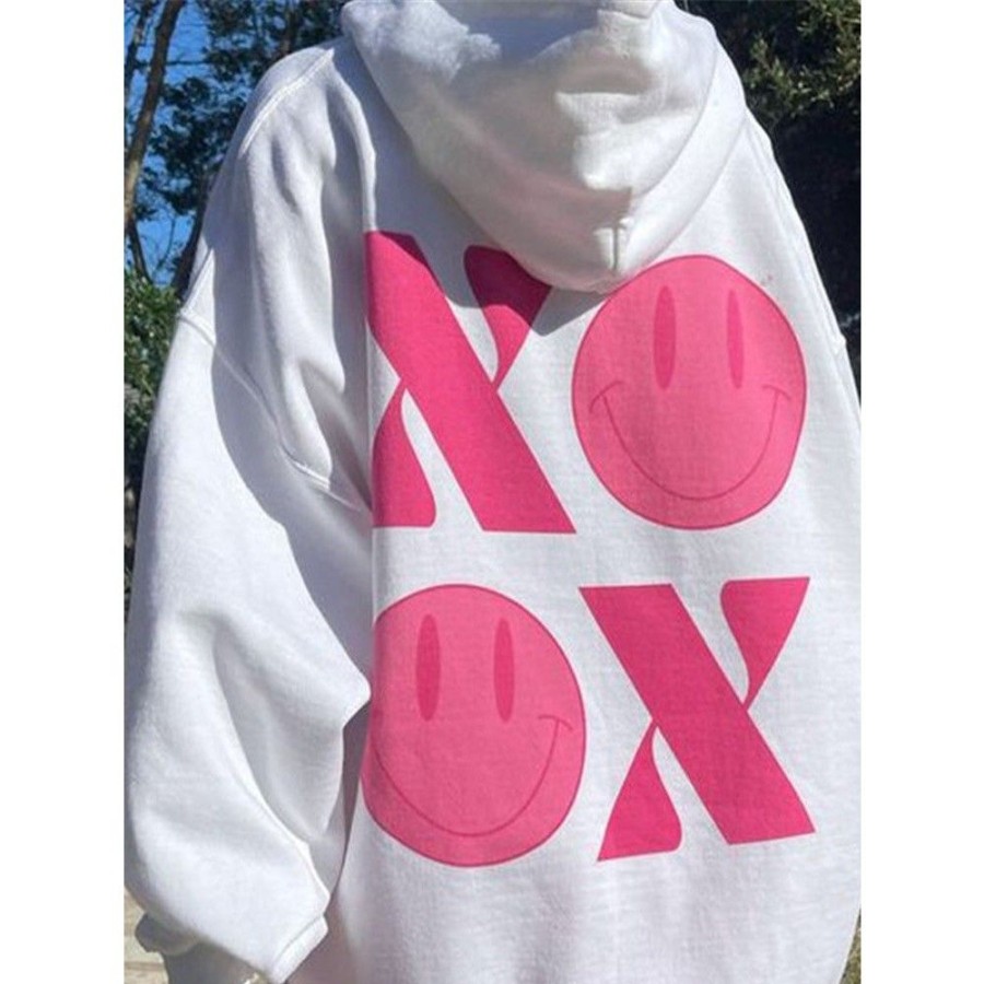 Women'S Favoshape | Women'S Preppy Xoxo Smiley Face Printed Loose Fit Hoodie White