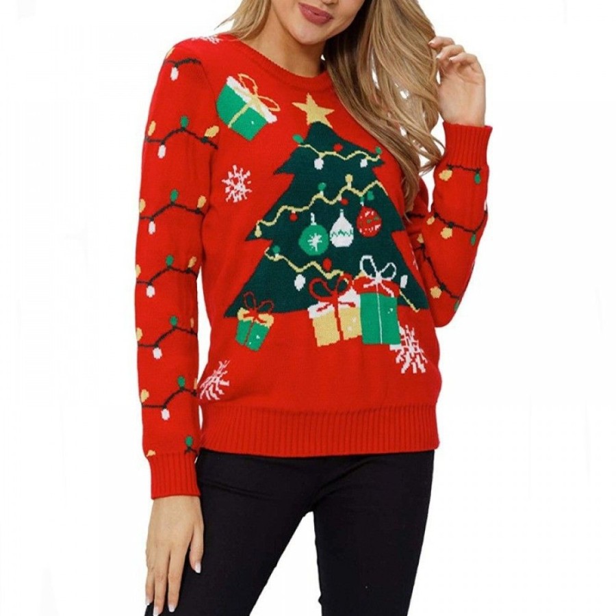 Ugly Sweater Favoshape | Women'S Christmas Tree Knit Ugly Sweater Red