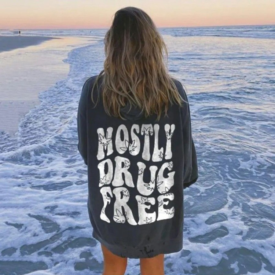 Women'S Favoshape | Women'S Oversized Mostly Drug Free Printed Hoodie