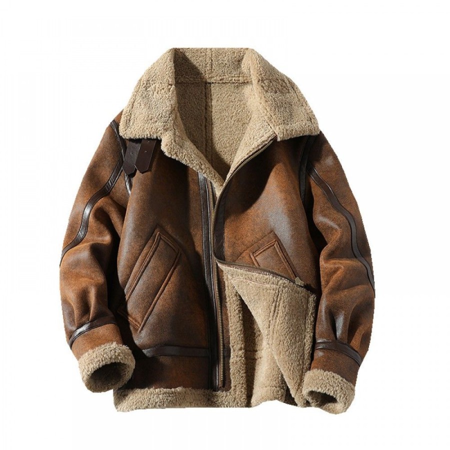 Men'S Favoshape | Men'S Distressed Leather B6 Shearling Bomber Outwear Jacket Coffee