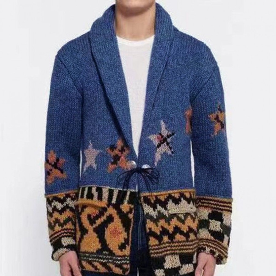 Men'S Favoshape | Men'S Retro Button Closure Knit Turndown Cardigan Sweater Blue