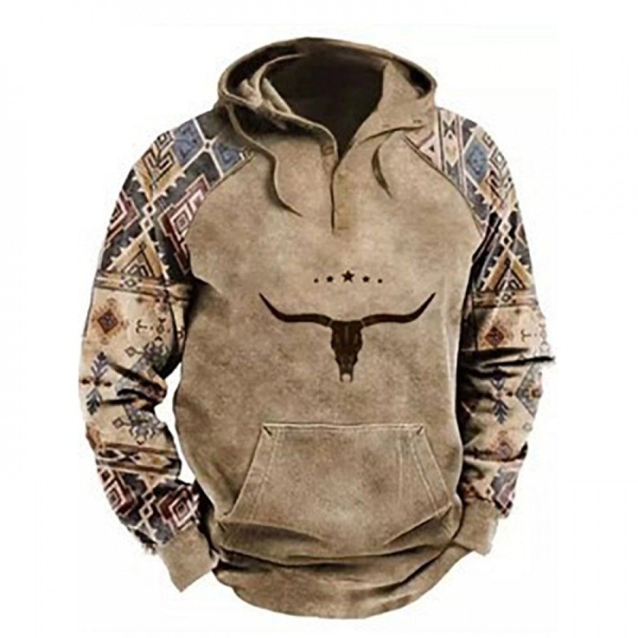 Men'S Favoshape | Men'S Western Cowboy Botton V Neck Hoodie