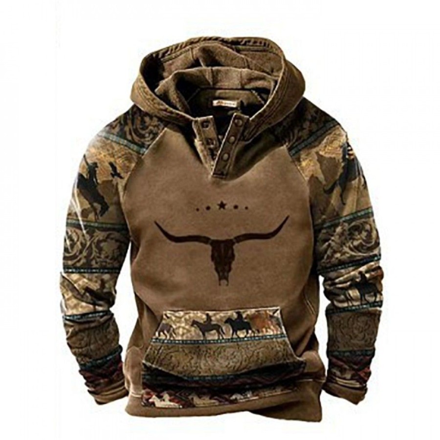 Men'S Favoshape | Men'S Western Cowboy Botton V Neck Hoodie