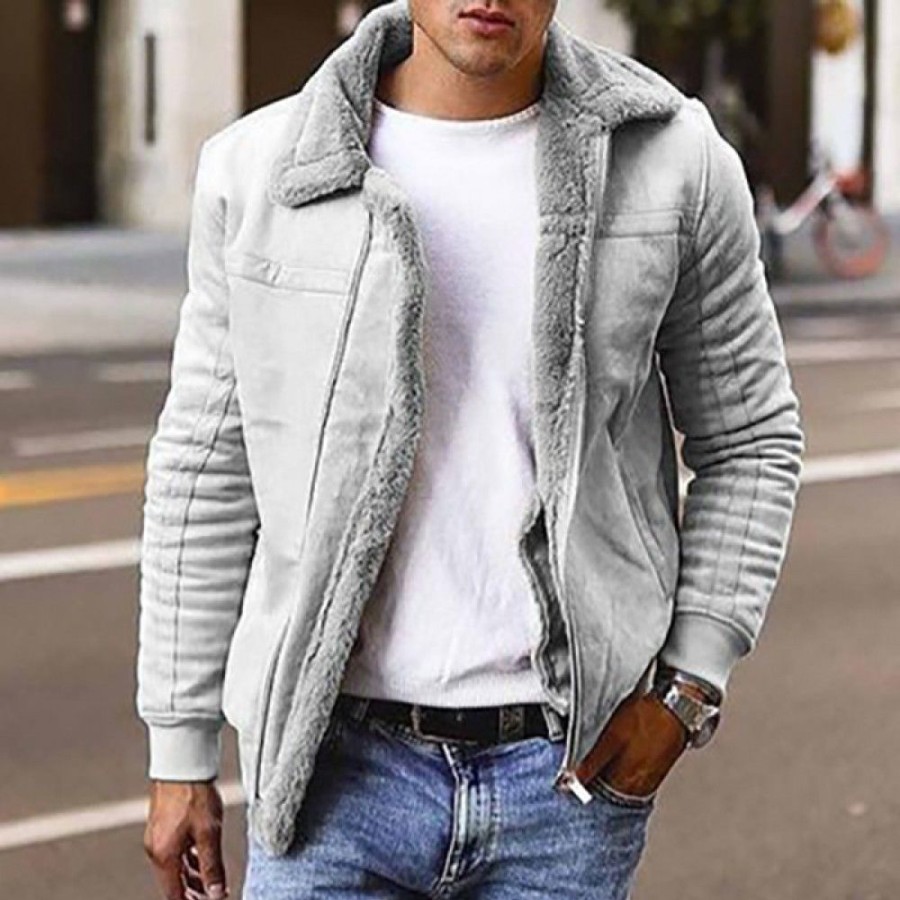 Men'S Favoshape | Men'S Fleece Fur Lined Lapel Collar Zip Up Motorcycle Jacket