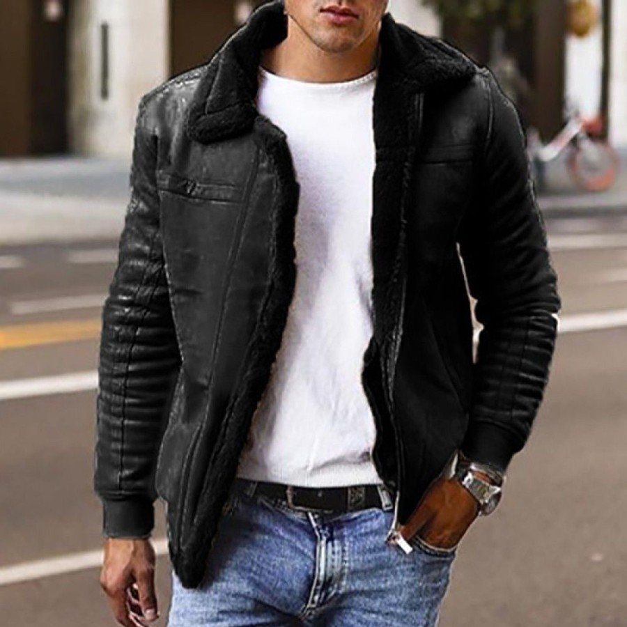 Men'S Favoshape | Men'S Fleece Fur Lined Lapel Collar Zip Up Motorcycle Jacket