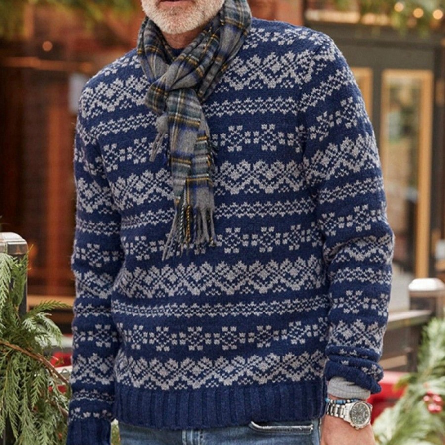 Men'S Favoshape | Men'S Vintage Aztec Pattern Wool Blend Icelandic Knit Pullover Sweater Navy