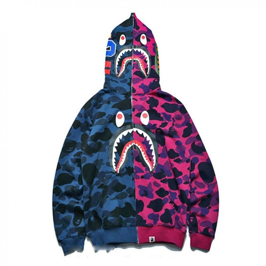 Men'S Favoshape | Oversized Pullover Two-Tone Big Mouth Shark Camo Full Zip Up Hoodie