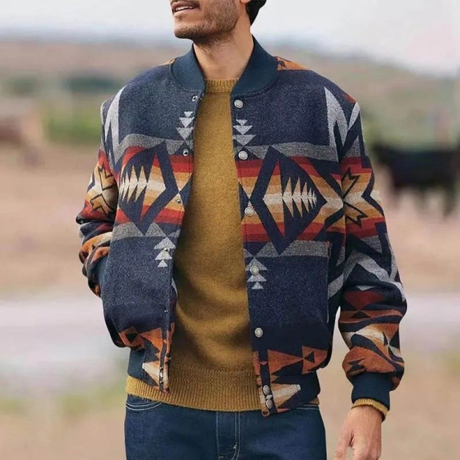 Men'S Favoshape | Men'S Western Aztec Bomber Button-Up Jacket Navy