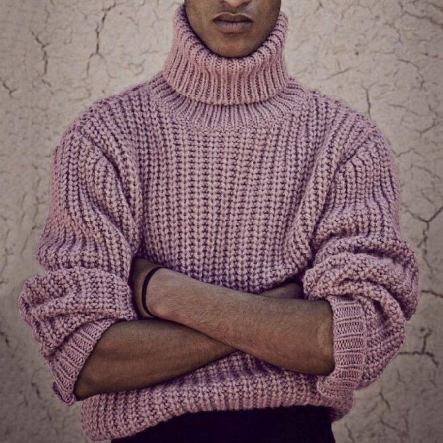 Men'S Favoshape | Men'S Retro Turtleneck Chunky Cable Knitted Sweater Pink