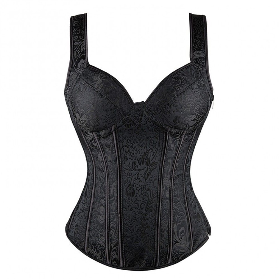 Corsets Favoshape | Women'S Gothic Lace Up Overbust Corset Jacquard Satin Straps Bustier Black