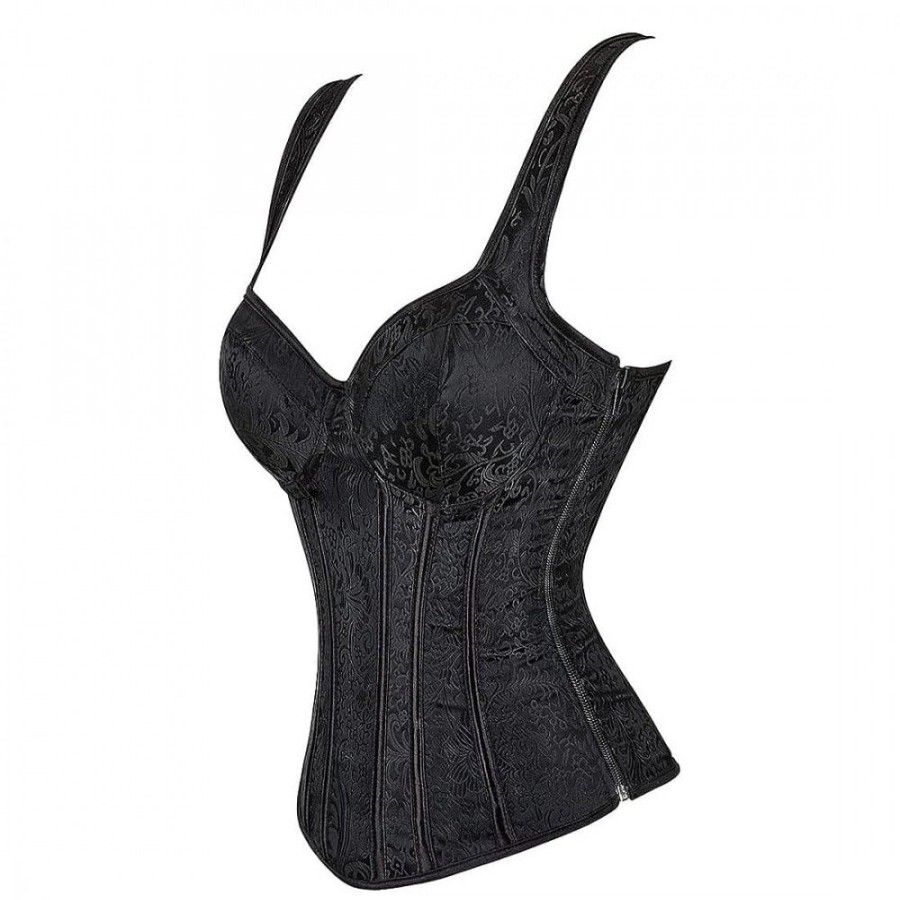 Corsets Favoshape | Women'S Gothic Lace Up Overbust Corset Jacquard Satin Straps Bustier Black