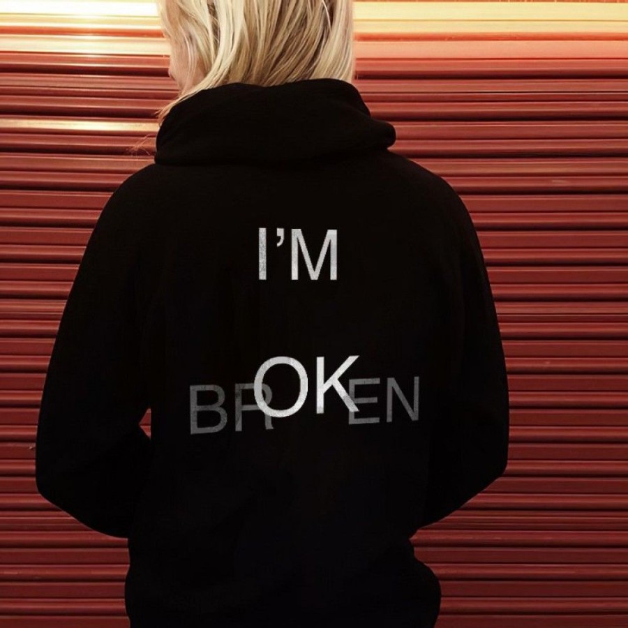 Women'S Favoshape | Women'S I'M Broken I'M Ok Printed Hoodie Black