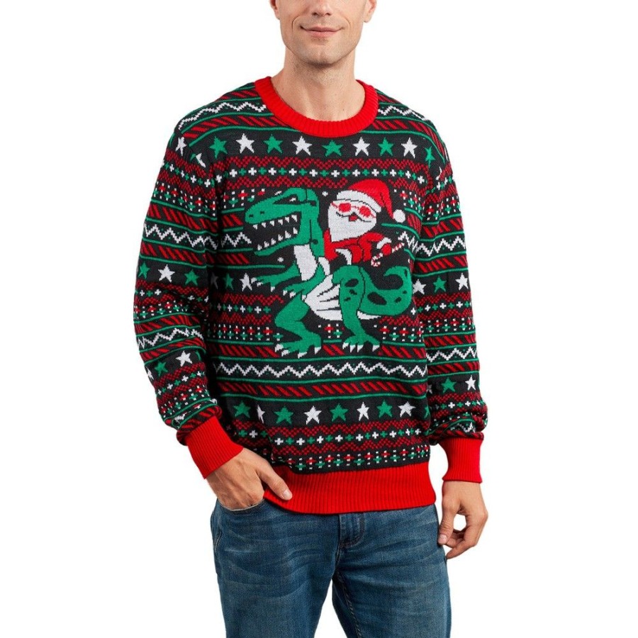 Ugly Sweater Favoshape | Men'S Funny Santa On Dinosaur Ugly Christmas Sweater Black Green