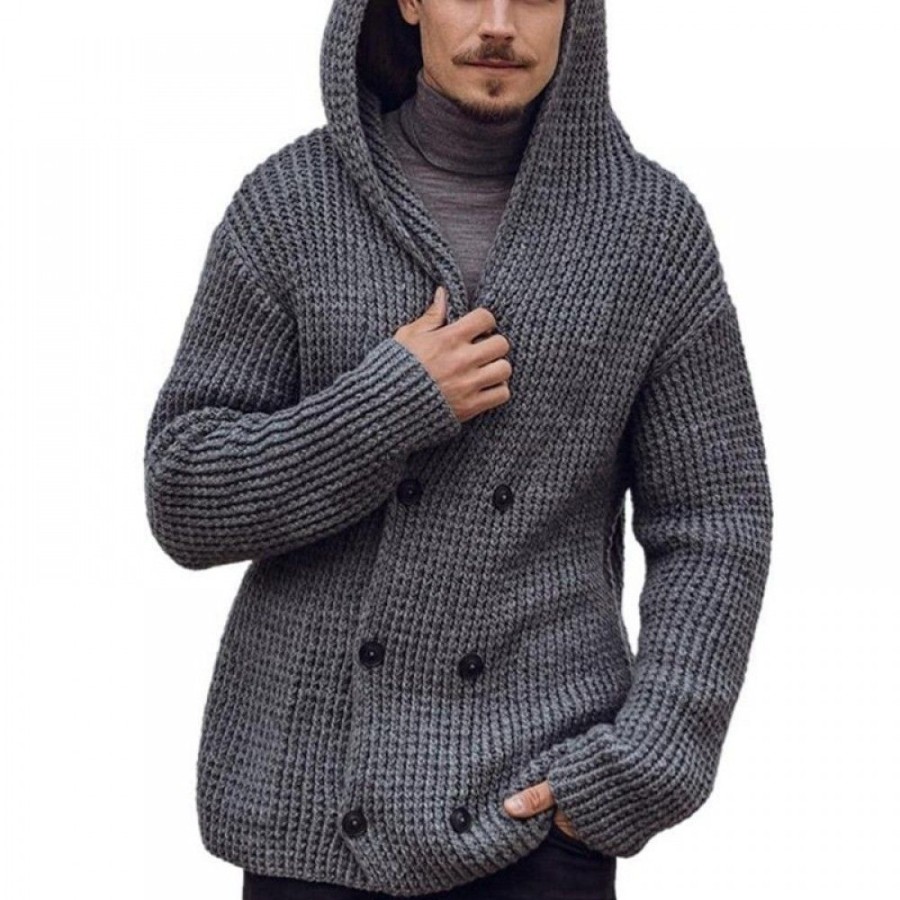 Men'S Favoshape | Men'S Double Breasted Cable Knit Hooded Cardigan Sweater Gray