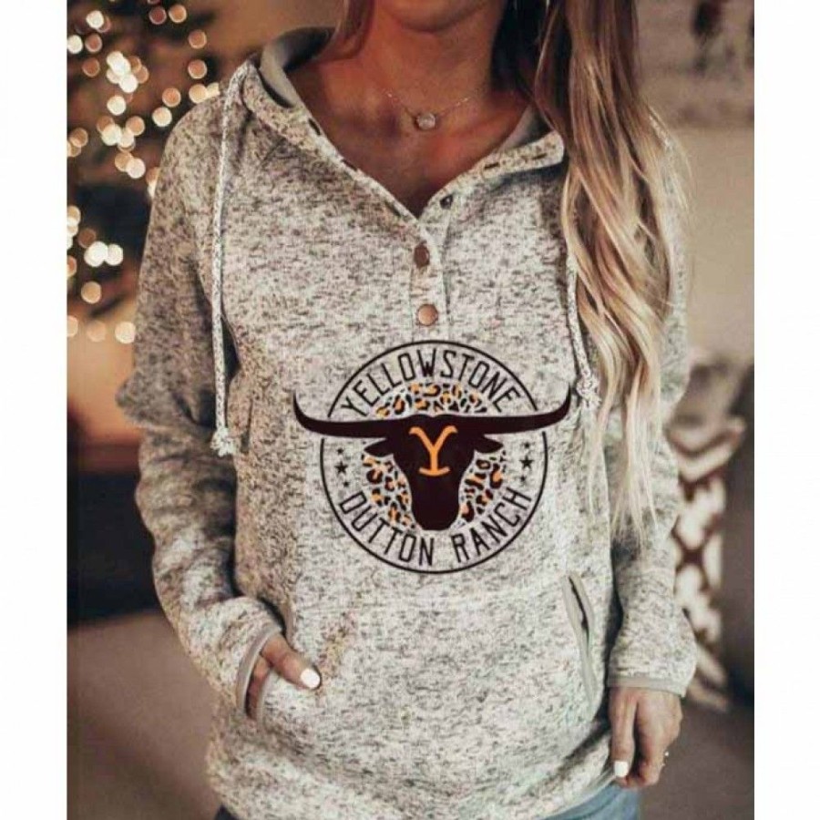 Women'S Favoshape | Women'S Yellowstone Dutton Ranch Cowgirl Drawstring Hoodie Grey