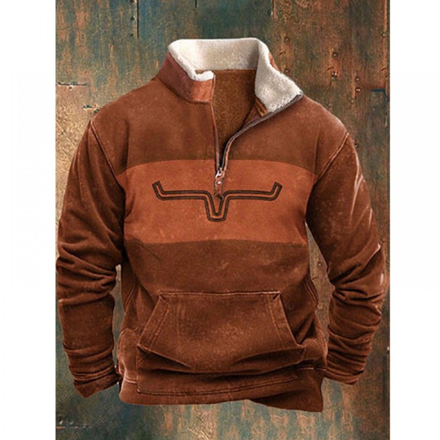 Men'S Favoshape | Men'S Western Cowboy Bull Graphic Long Sleeve Sweatshirt Orange