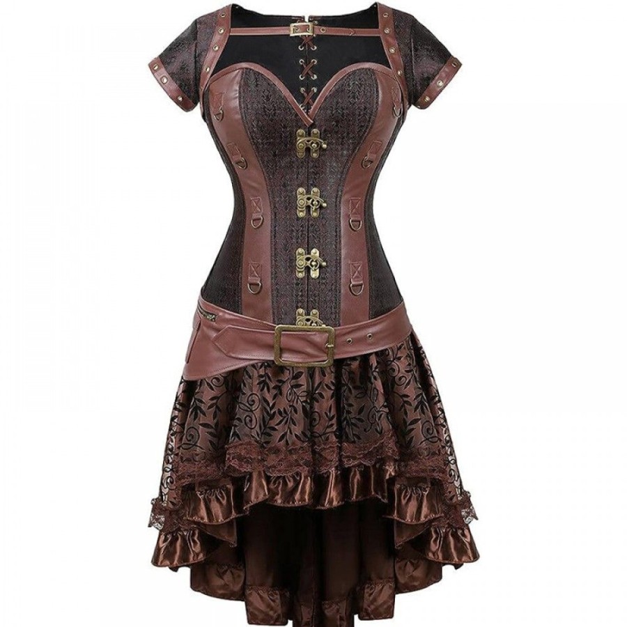 Corsets Favoshape | Women'S Vintage Brocade Steel Boned Steampunk Slimming Corsets Top Brown