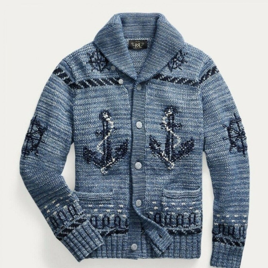 Men'S Favoshape | Men'S Street Style Indigo Nautical Hand Knit Shawl Cardigans Blue