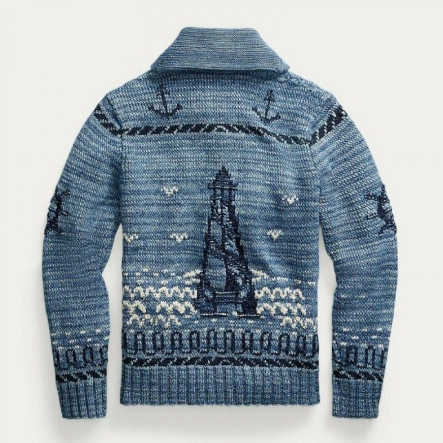 Men'S Favoshape | Men'S Street Style Indigo Nautical Hand Knit Shawl Cardigans Blue