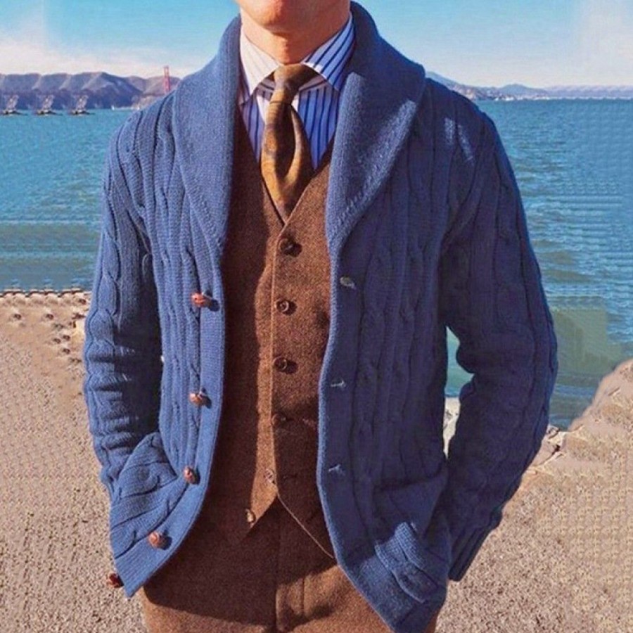 Men'S Favoshape | Men'S Vintage Tweed Cable Knitted Shawl-Collar Cardigan Dark Blue