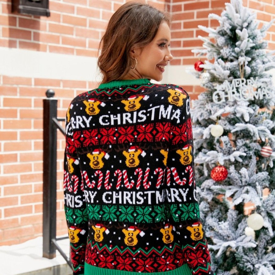 Ugly Sweater Favoshape | Women'S Reindeer Pattern Knit Ugly Christmas Sweater Black