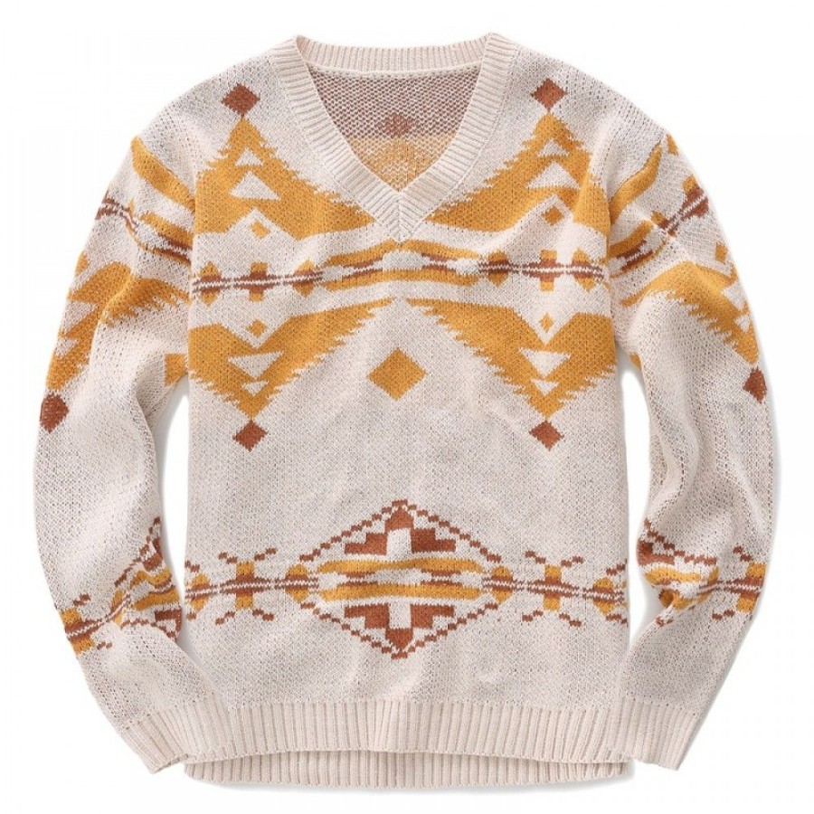 Men'S Favoshape | Men'S V-Neck Aztec Pattern Knit Cowichan Sweater Apricot