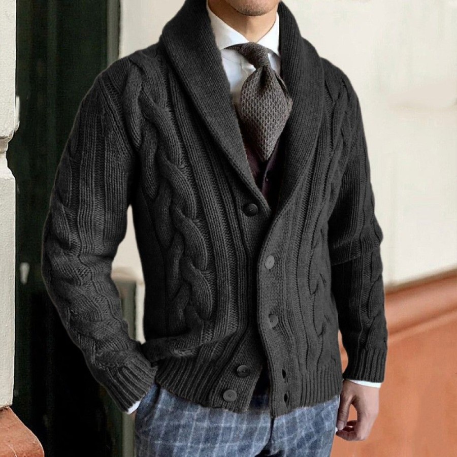 Men'S Favoshape | Men'S Western Shawl Collar Button Up Cable Knitted Chunky Cardigan