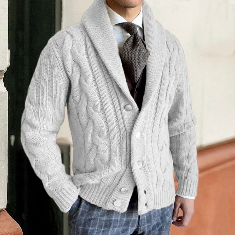 Men'S Favoshape | Men'S Western Shawl Collar Button Up Cable Knitted Chunky Cardigan