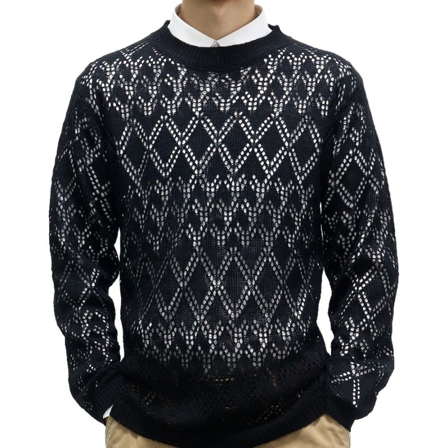 Men'S Favoshape | Men'S Argyle Pattern Hollow Out Crewneck Pullover Sweater Black