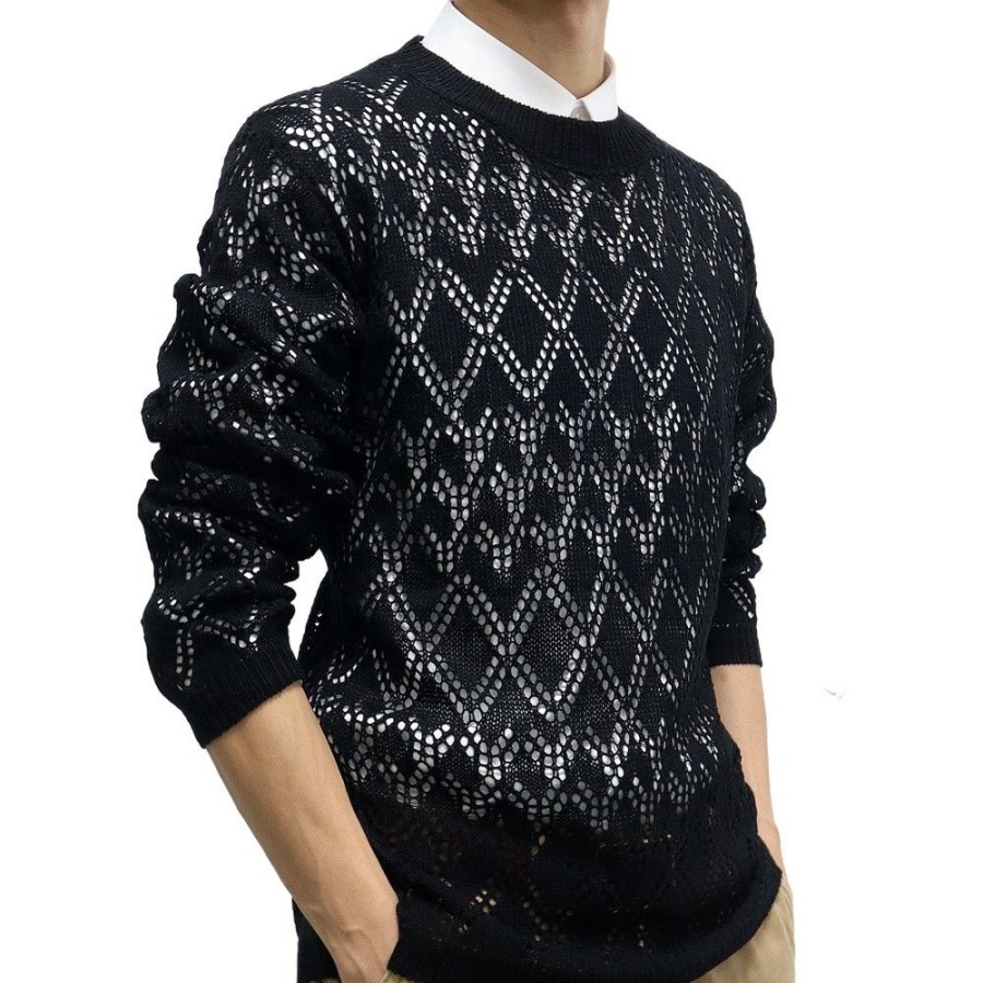 Men'S Favoshape | Men'S Argyle Pattern Hollow Out Crewneck Pullover Sweater Black