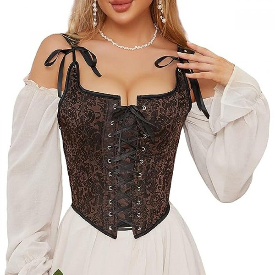 Corsets Favoshape | Women'S Renaissance Lace-Up Spaghetti Strap Floral Bustier Bodice Vintage Medieval Corset Coffee