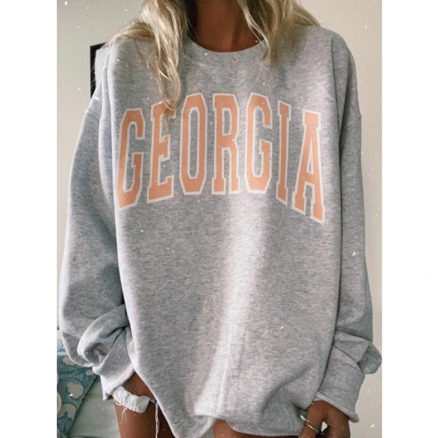 Women'S Favoshape | Women'S Oversized Georgia Printed Crewneck Sweatshirt Grey