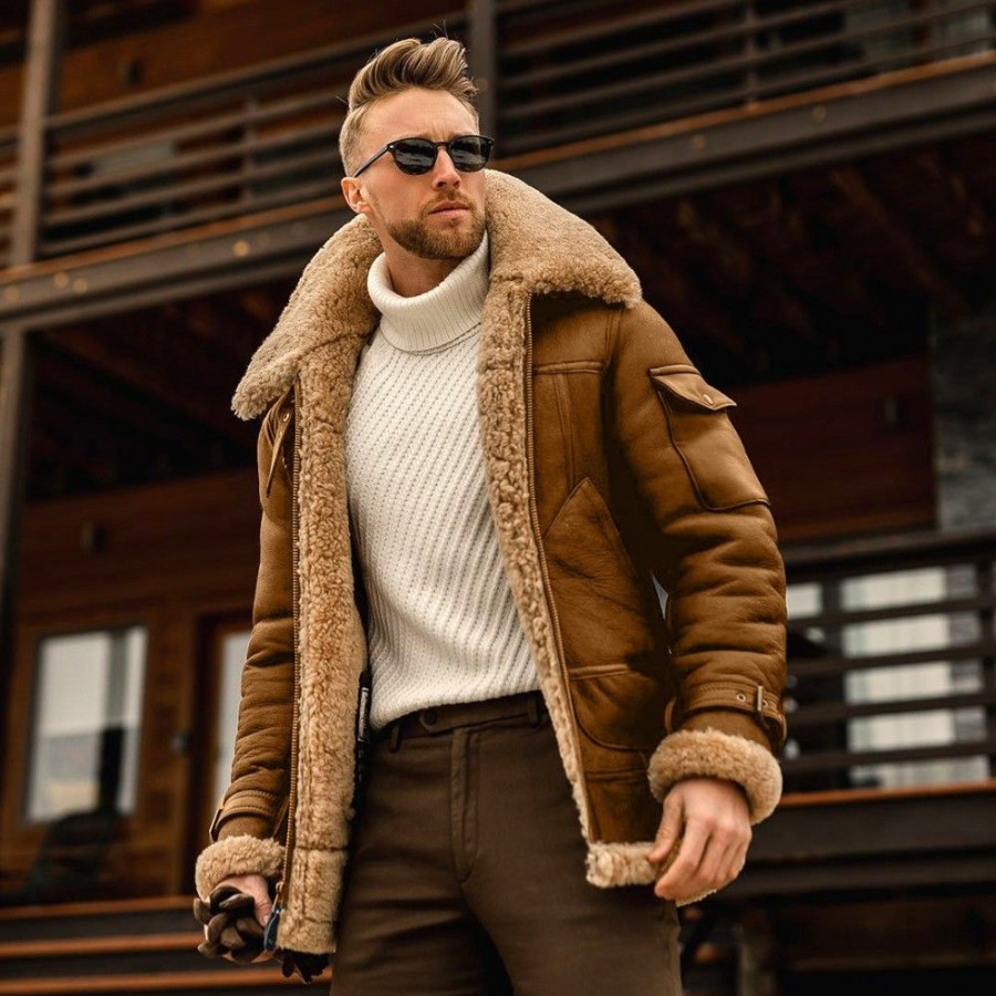 Men'S Favoshape | Men'S The Chester Faux-Shearling Leather Aviator Bomber Jacket