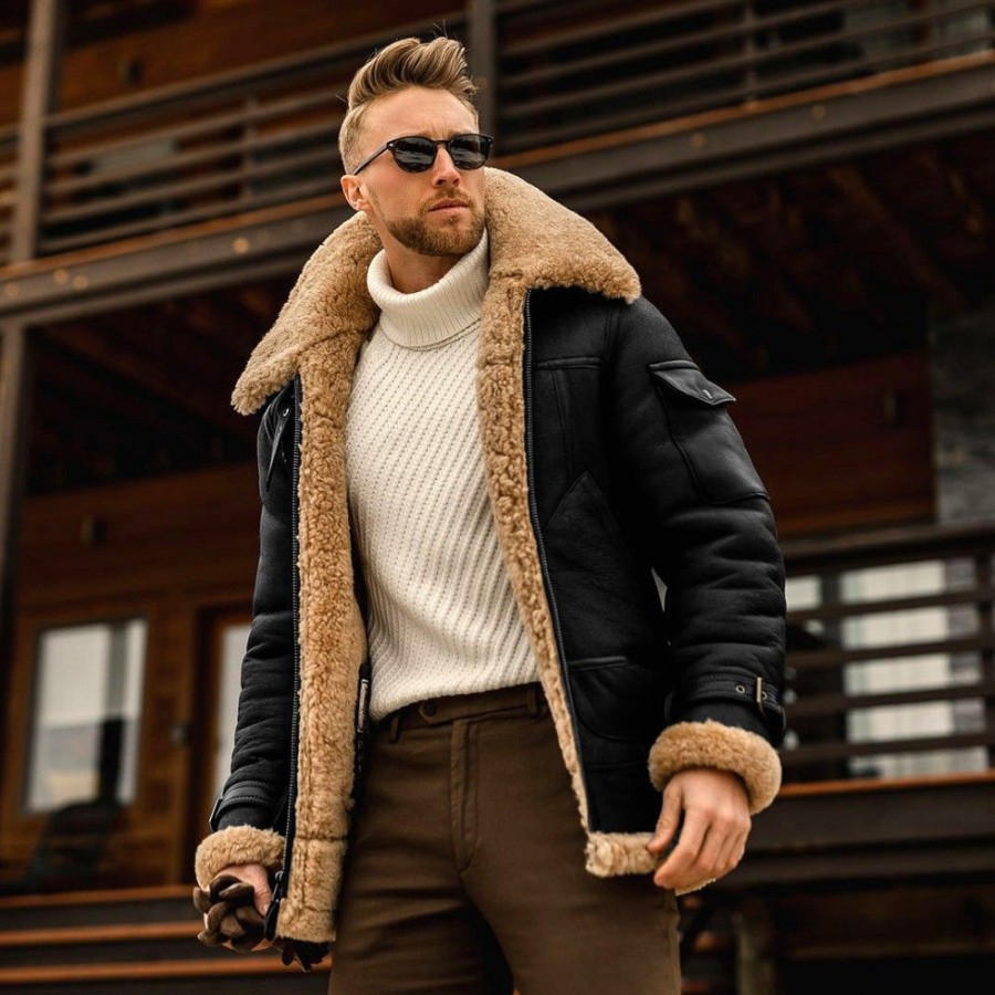 Men'S Favoshape | Men'S The Chester Faux-Shearling Leather Aviator Bomber Jacket