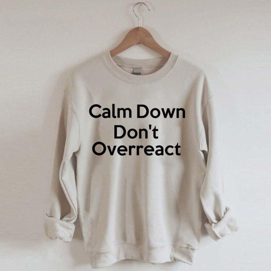 Women'S Favoshape | Women'S Calm Down Don'T Overreact Crewneck Sweatshirt Khaki