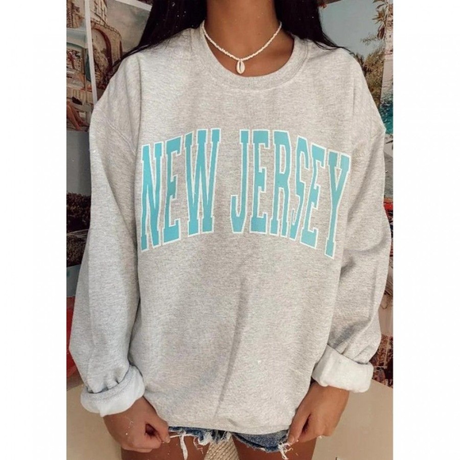 Women'S Favoshape | Women'S Preppy New Jersey Crewneck Sweatshirt Gray