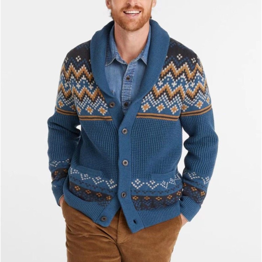 Men'S Favoshape | Men'S Geometric Pattern Waffle Knitted Button-Up Lapel Cardigan Blue