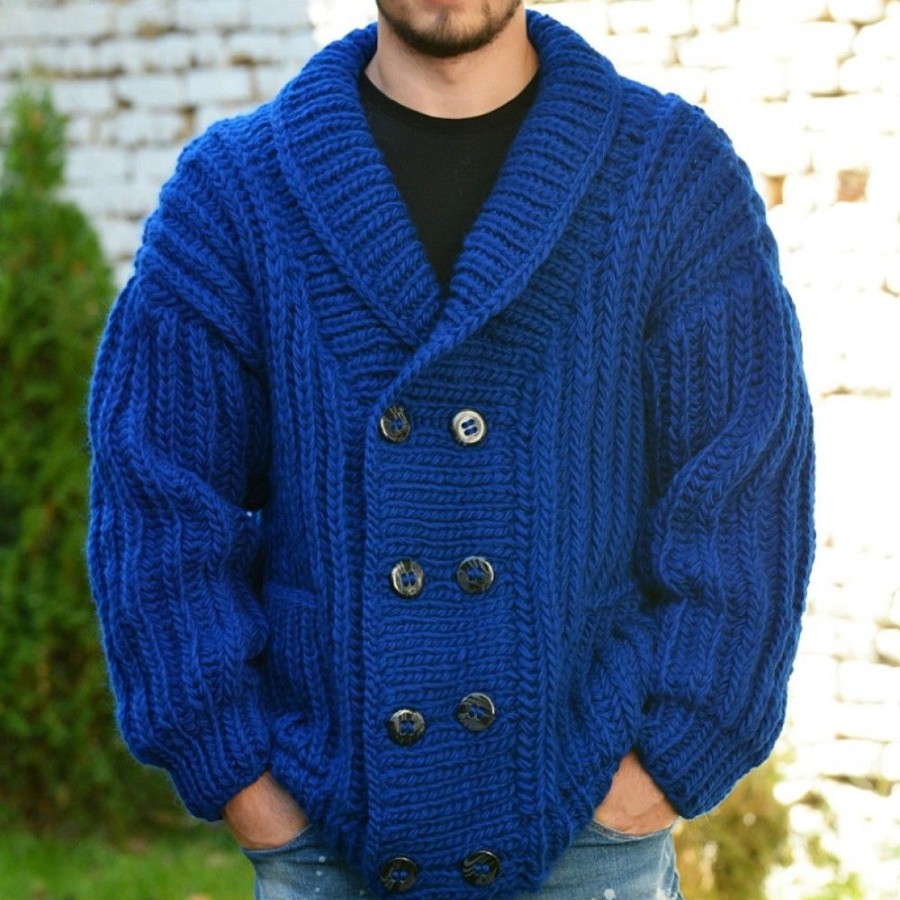 Men'S Favoshape | Men'S Classic Shawl Collar Hand Knit Wool Cardigan With Pockets Blue