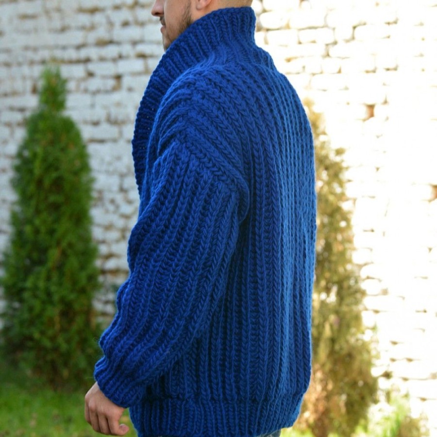 Men'S Favoshape | Men'S Classic Shawl Collar Hand Knit Wool Cardigan With Pockets Blue