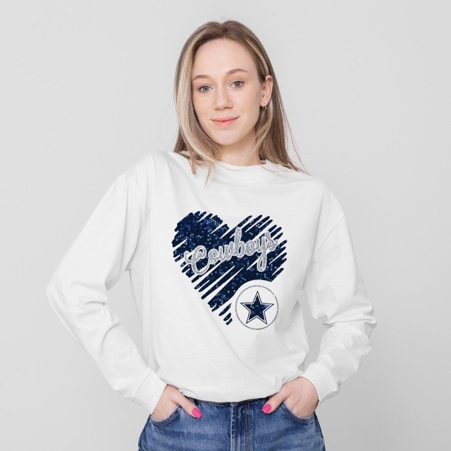 Women'S Favoshape | Women'S Love Cowboys Printed Crewneck Sweatshirt White