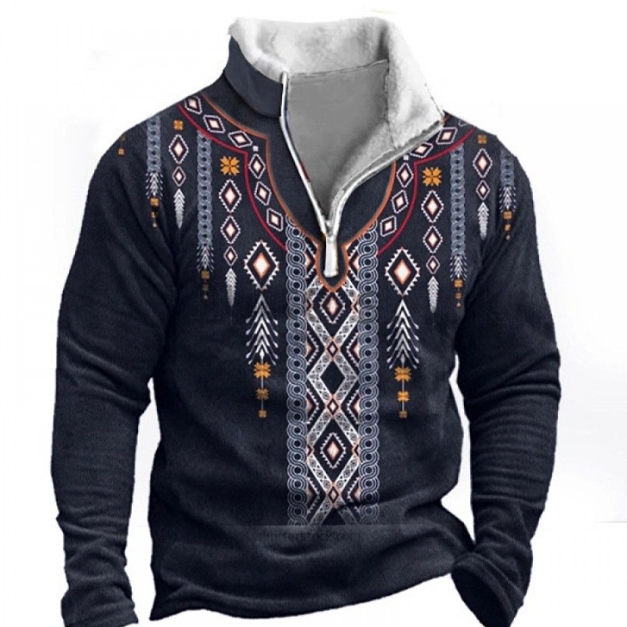 Men'S Favoshape | Men'S Ethnic Print Thickened Fleece Sweatshirt Blue