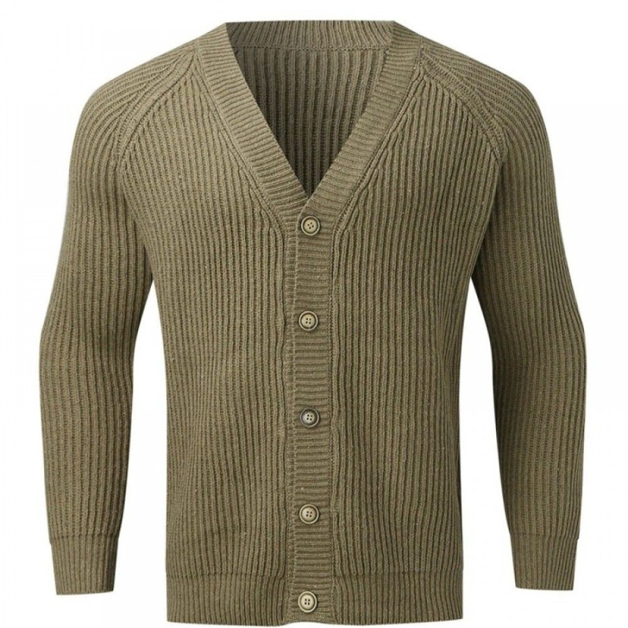 Men'S Favoshape | Men'S Retro Olive Green V-Neck Button Up Cable Knitted Cardigan Army Green