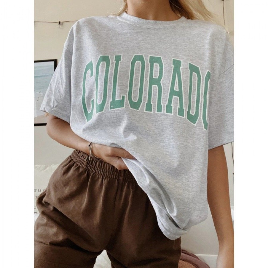 Women'S Favoshape | Women'S Colorado Printed Loose Fit T-Shirt Gray