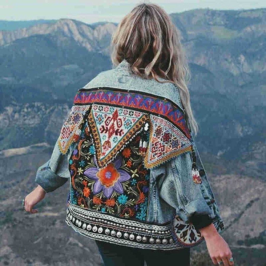 Women'S Favoshape | Women'S Vintage Boho Inspired Ethnic Embroidery Denim Jacket Blue