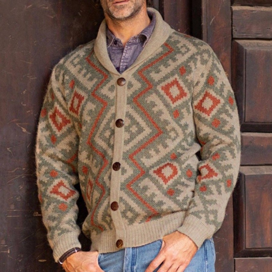 Men'S Favoshape | Men'S Chunky Aztec Shawl Knitted Cardigan Sweater Khaki