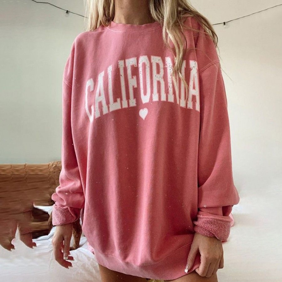 Women'S Favoshape | Women'S Loose Fit California Printed Crewneck Sweatshirt Pink