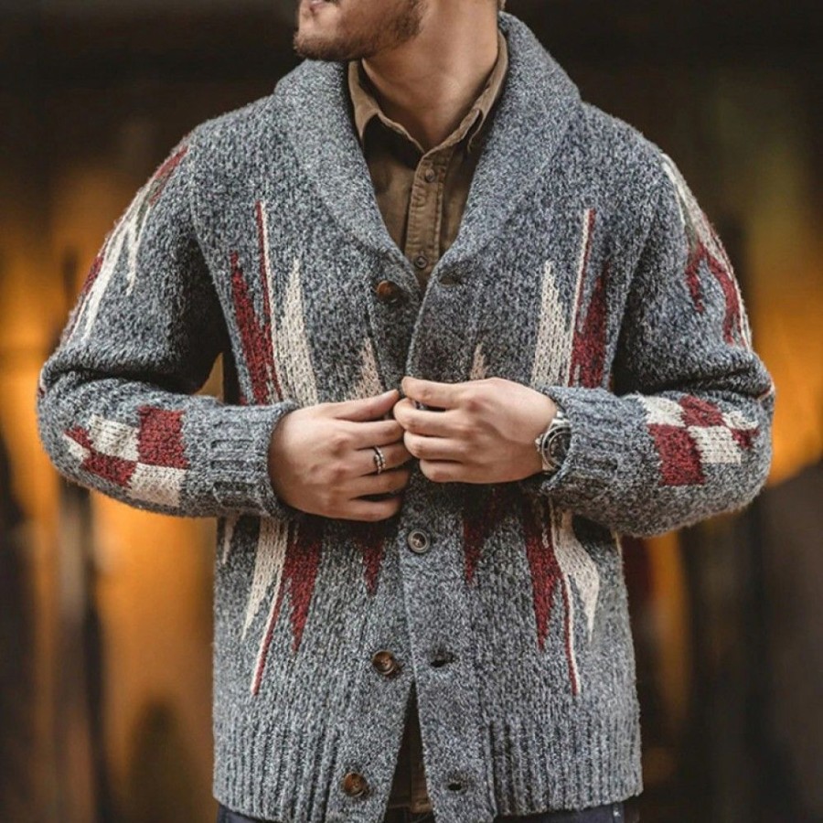 Men'S Favoshape | Men'S Retro Indian Lapel Button-Up Sweater Vintage Aztec Cardigan Gray