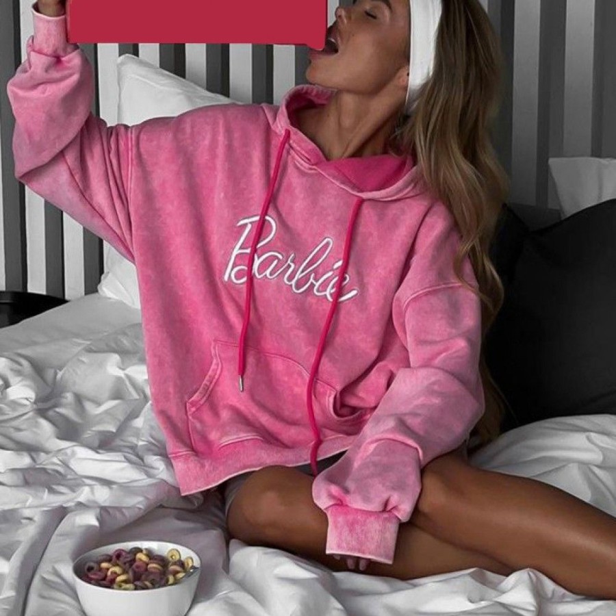 Women'S Favoshape | Women'S Distressed Barbie Printed Crop Hoodie