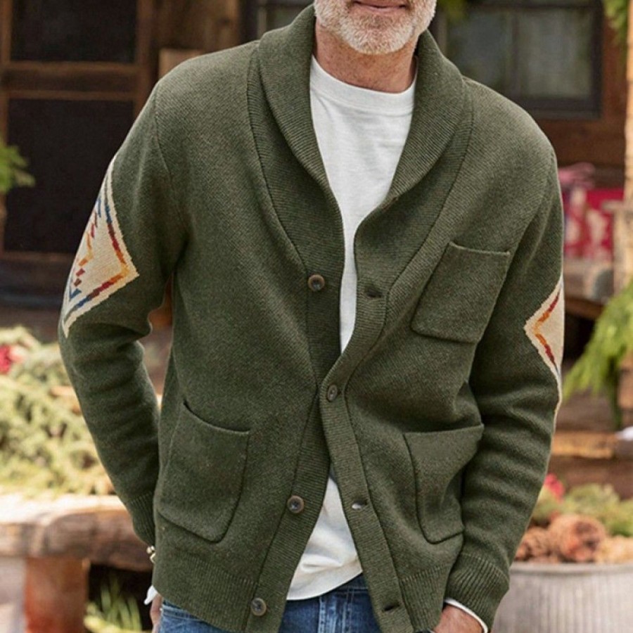 Men'S Favoshape | Men'S Geometric Jacquard V-Neck Ribbed Knit Cardigan Sweater Army Green