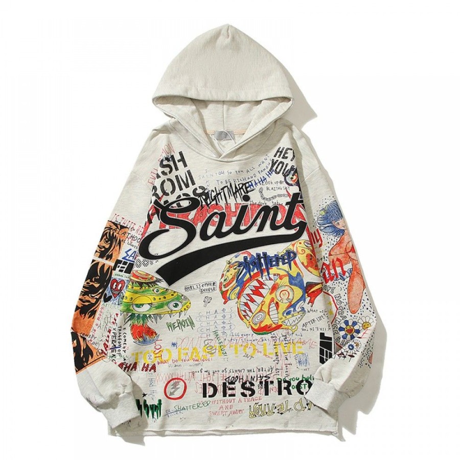 Men'S Favoshape | Unisex Saint Graffiti Streetwear Oversized Hoodie Grey